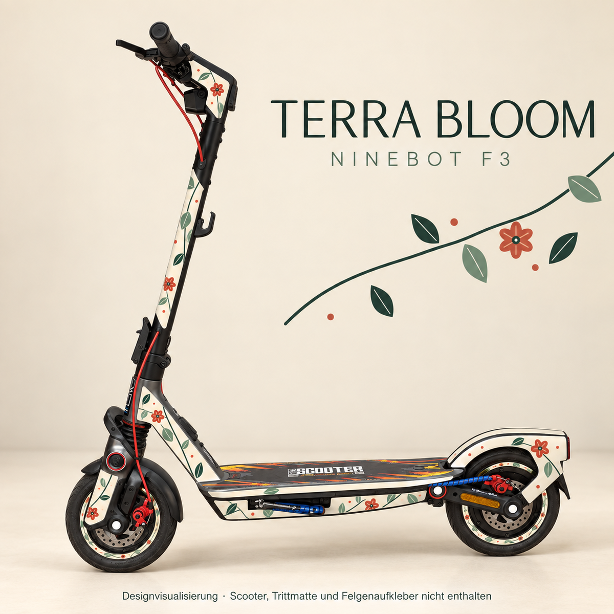 Terra Bloom am Ninebot F3 – Felgenaufkleber separat, nicht im Skin enthalten