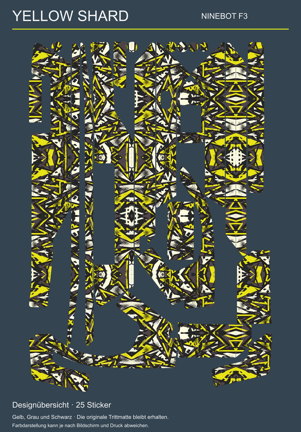 YELLOW SHARD für Ninebot F3: Designübersicht der 25 tatsächlich gestalteten Sticker. Originale Trittmatte bleibt erhalten.