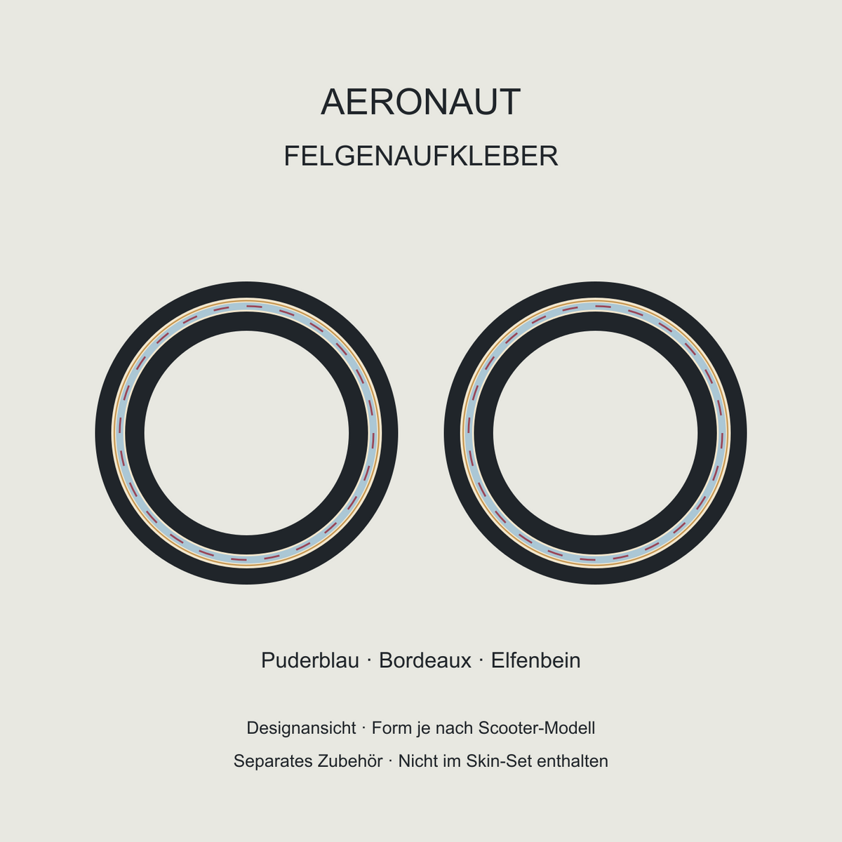 Aeronaut Felgenaufkleber in Elfenbein und Hellblau mit bordeauxfarbenen Fluglinien und Ockerakzent. Separates Zubehör.
