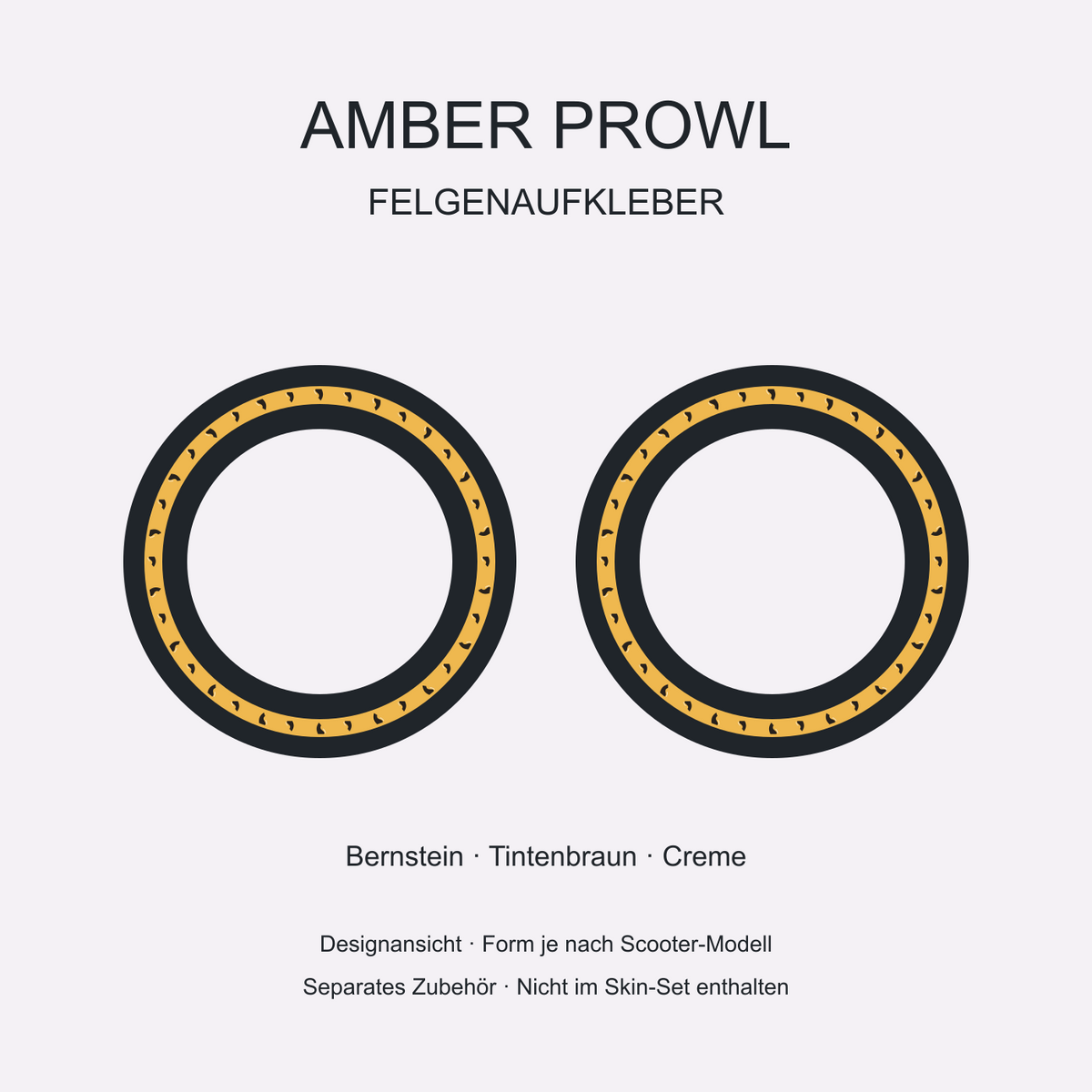 Amber Prowl Felgenaufkleber – kleine geschwungene Streifen auf Bernstein. Separates Zubehör, Form je Modell.