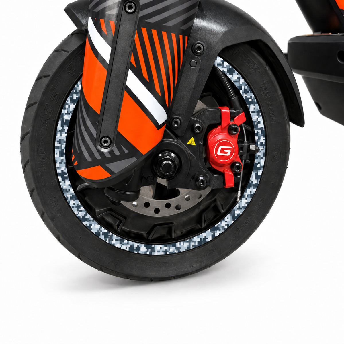 Arctic Camo Felgenaufkleber – digitale Designvorschau auf Beispielfelge; gedruckte Farben, Scooter nicht enthalten