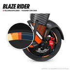 BLAZE RIDER Felgenaufkleber passend zum Skin: Ring aus dem Skin-Motiv auf Beispielrad, Lupe mit Musteransicht. Nur Felgenaufkleber, Form je nach Modell.