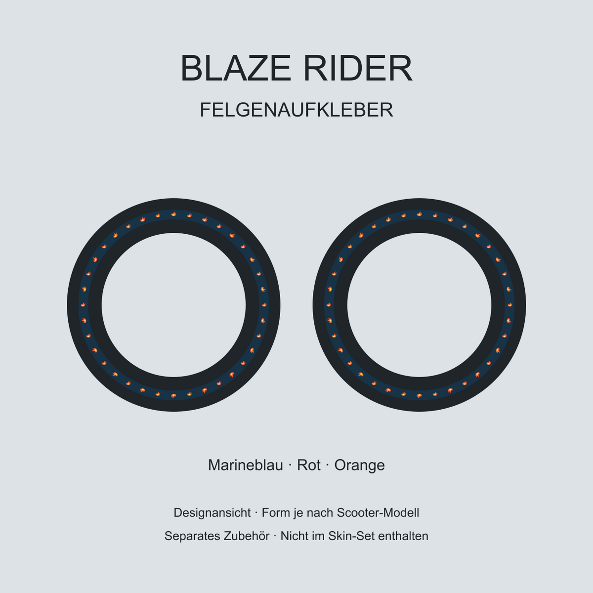 Blaze Rider Felgenaufkleber – marineblaue Ringe mit rot-orangefarbenen Flammen. Separates Zubehör, nicht im Skin-Set enthalten.