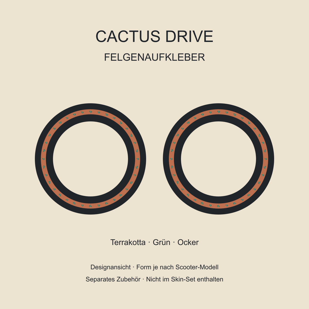 Cactus Drive Felgenaufkleber mit kleinen grünen Kakteen auf Terrakotta; separates Zubehör, nicht im Skin-Set enthalten.