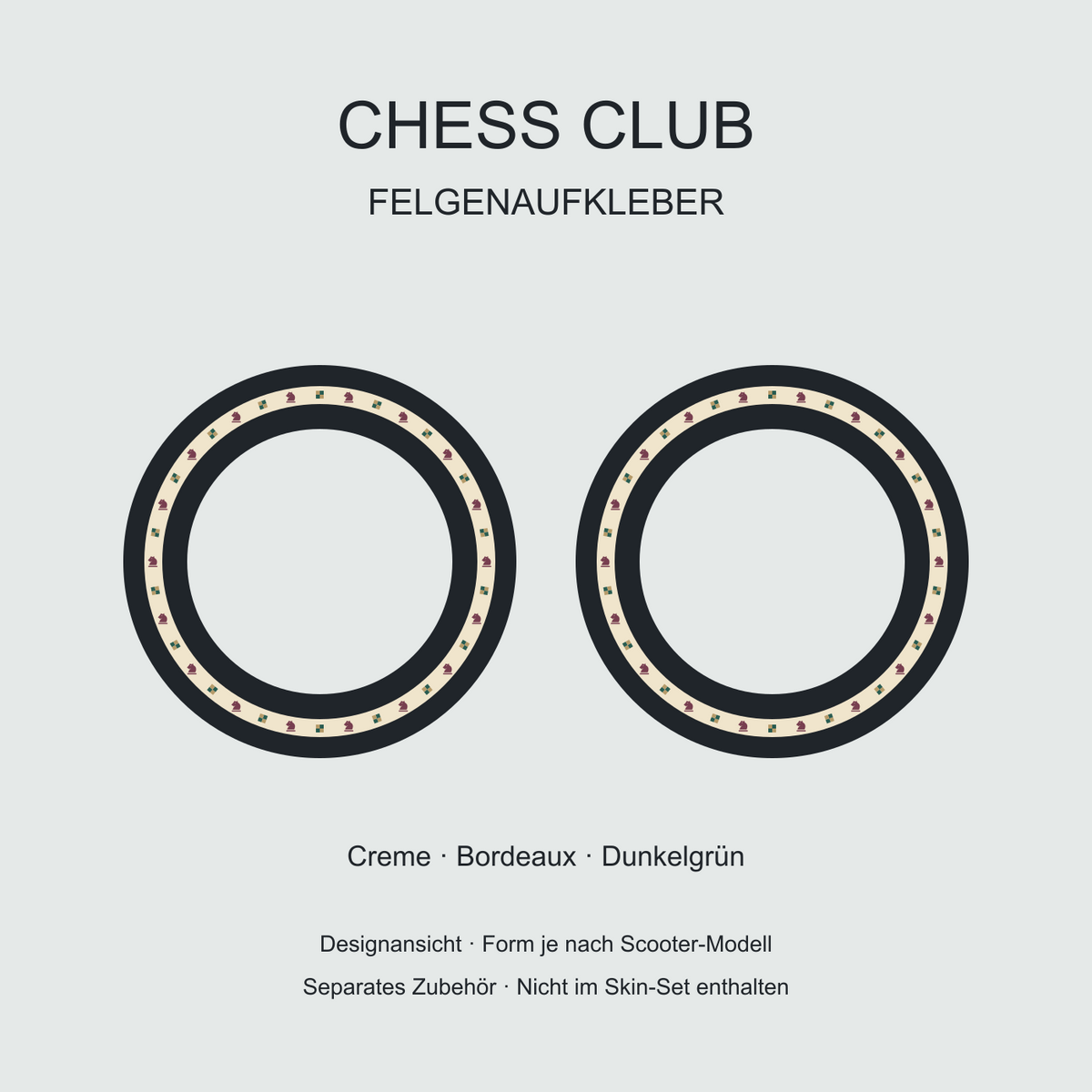Chess Club Felgenaufkleber – cremefarbene Ringe mit burgunderroten Schachspringern und grünen Schachfeldern. Separates Zubehör, nicht im Skin-Set enthalten.