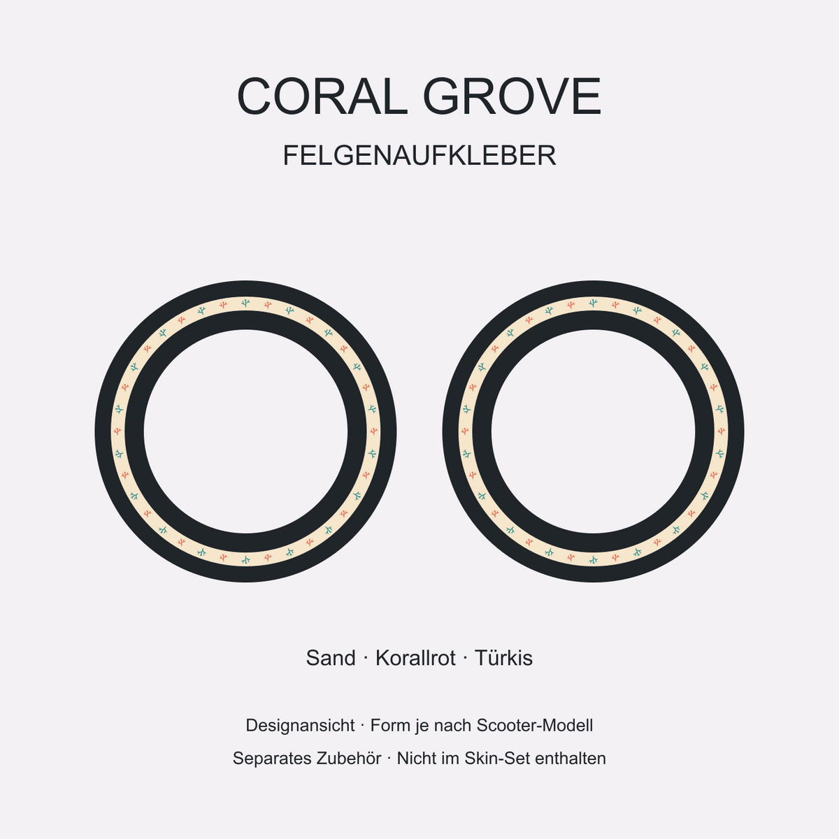 Coral Grove Felgenaufkleber – sandfarbene Bögen mit kleinen korallroten und türkisen Zweigen. Separates Zubehör, Form je Modell.