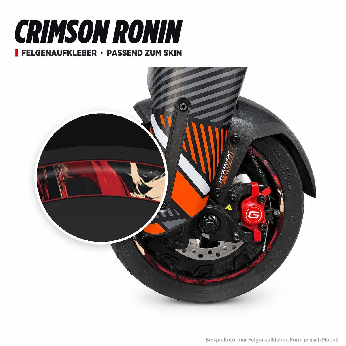 CRIMSON RONIN Felgenaufkleber passend zum Skin: Ring aus dem Skin-Motiv auf Beispielrad, Lupe mit Musteransicht. Nur Felgenaufkleber, Form je nach Modell.