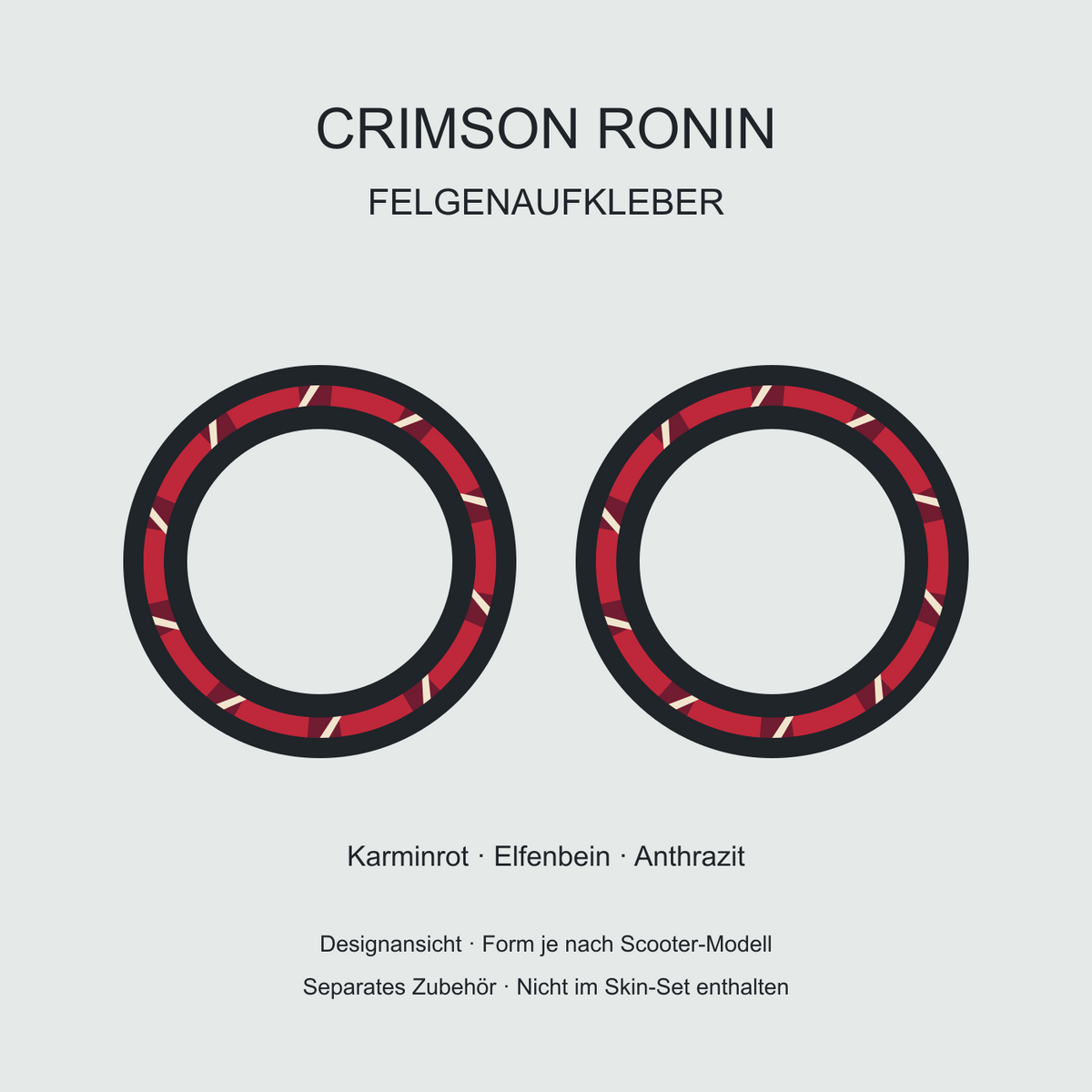 Crimson Ronin Felgenaufkleber – karminrote Lacksegmente mit elfenbeinfarbenen Schrägstrichen