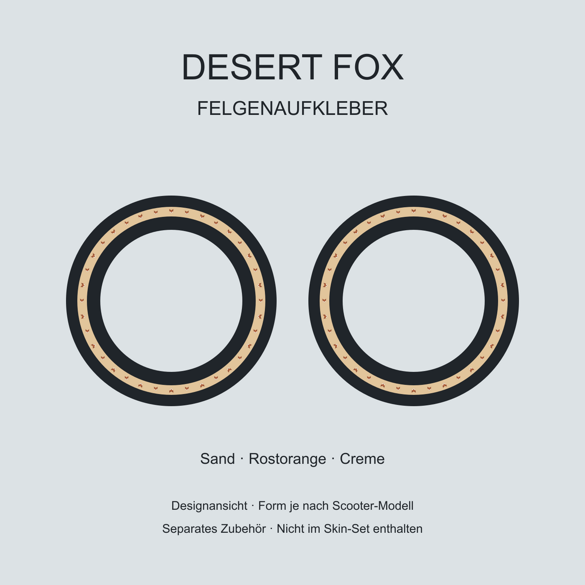 Desert Fox Felgenaufkleber – kleine rostorange Füchse auf Sand, separat erhältlich.