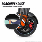 DRAGONFLY DUSK Felgenaufkleber passend zum Skin: Ring aus dem Skin-Motiv auf Beispielrad, Lupe mit Musteransicht. Nur Felgenaufkleber, Form je nach Modell.
