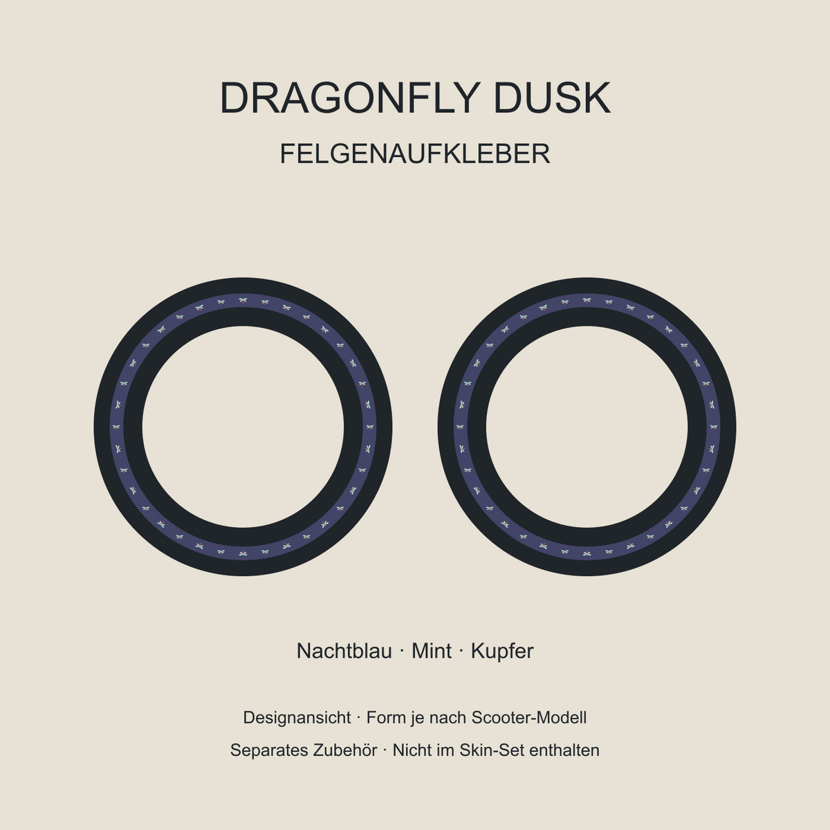 Dragonfly Dusk Felgenaufkleber – Nachtblau, Mint und Kupfer; separates Zubehör