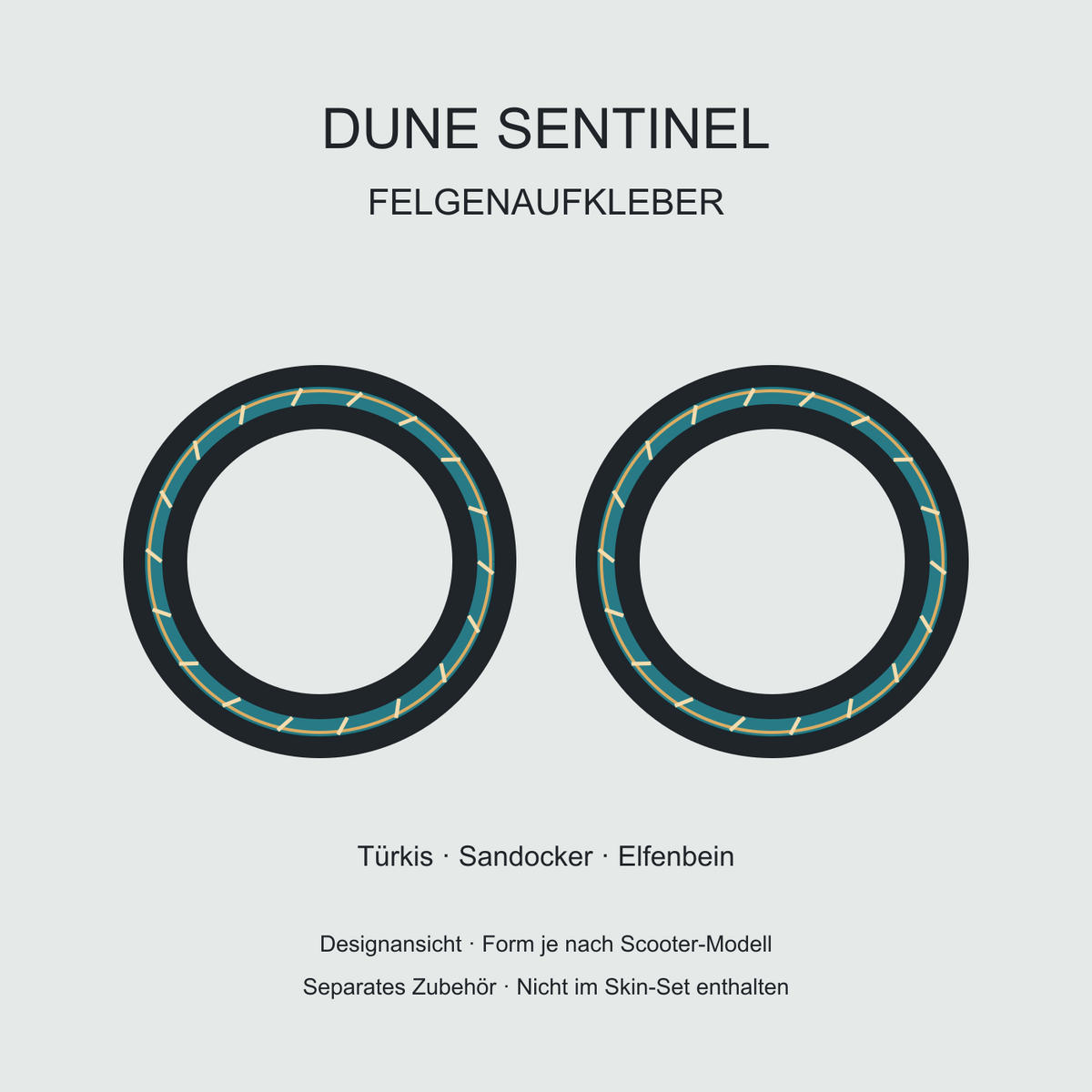 Dune Sentinel Felgenaufkleber – türkise Ringe mit sandockerfarbener Kontur und elfenbeinfarbenen Strichen; separates Zubehör