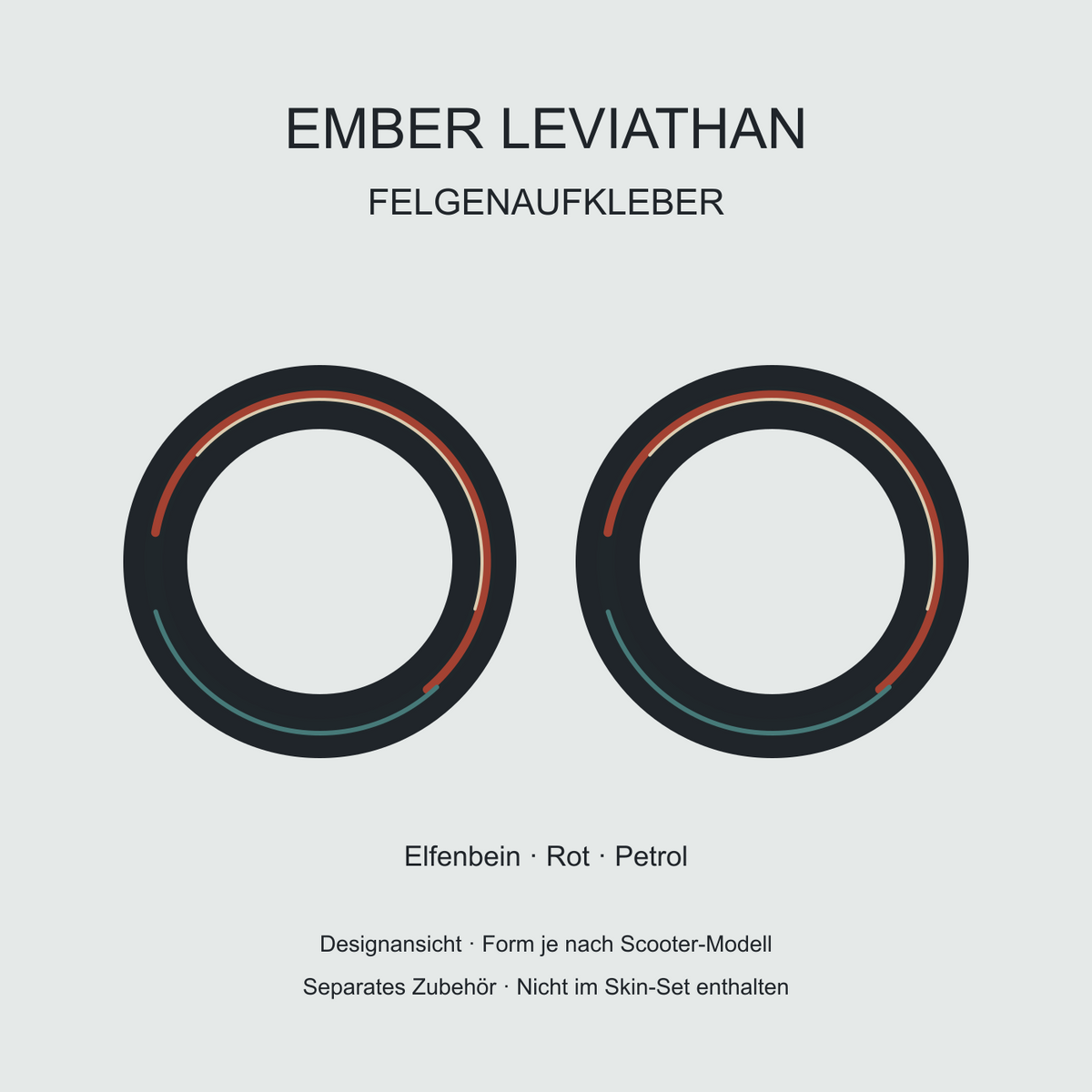 Ember Leviathan Felgenaufkleber: geschwungene Linien in Terrakottarot, Elfenbein und Petrol auf dunklem Grund. Separates Zubehör.