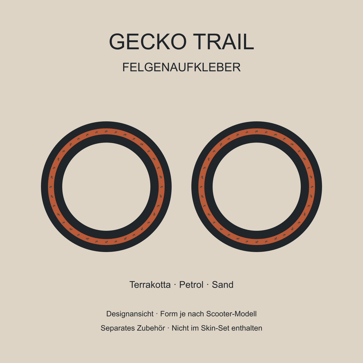 Gecko Trail Felgenaufkleber – kleine petrolfarbene Geckos auf Terrakotta mit Sanddetails. Separates Zubehör, nicht im Skin-Set enthalten.