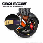 GINKGO NOCTURNE Felgenaufkleber passend zum Skin: Ring aus dem Skin-Motiv auf Beispielrad, Lupe mit Musteransicht. Nur Felgenaufkleber, Form je nach Modell.