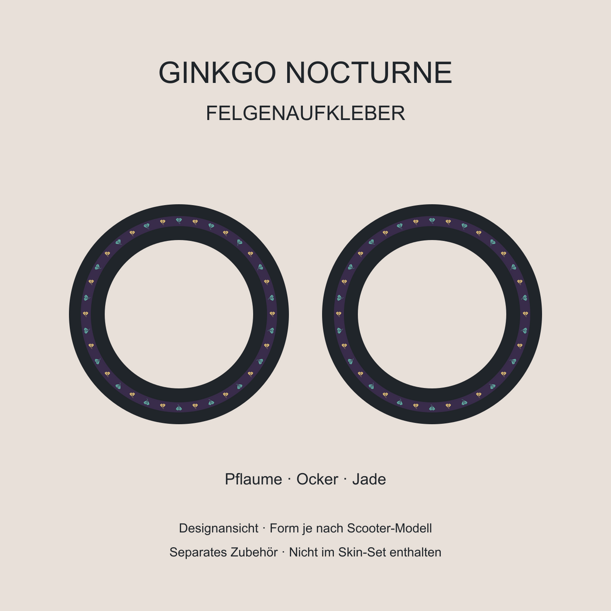 Ginkgo Nocturne Felgenaufkleber – kleine Ginkgoblätter in Ocker und Jade auf Pflaume. Separates Zubehör.