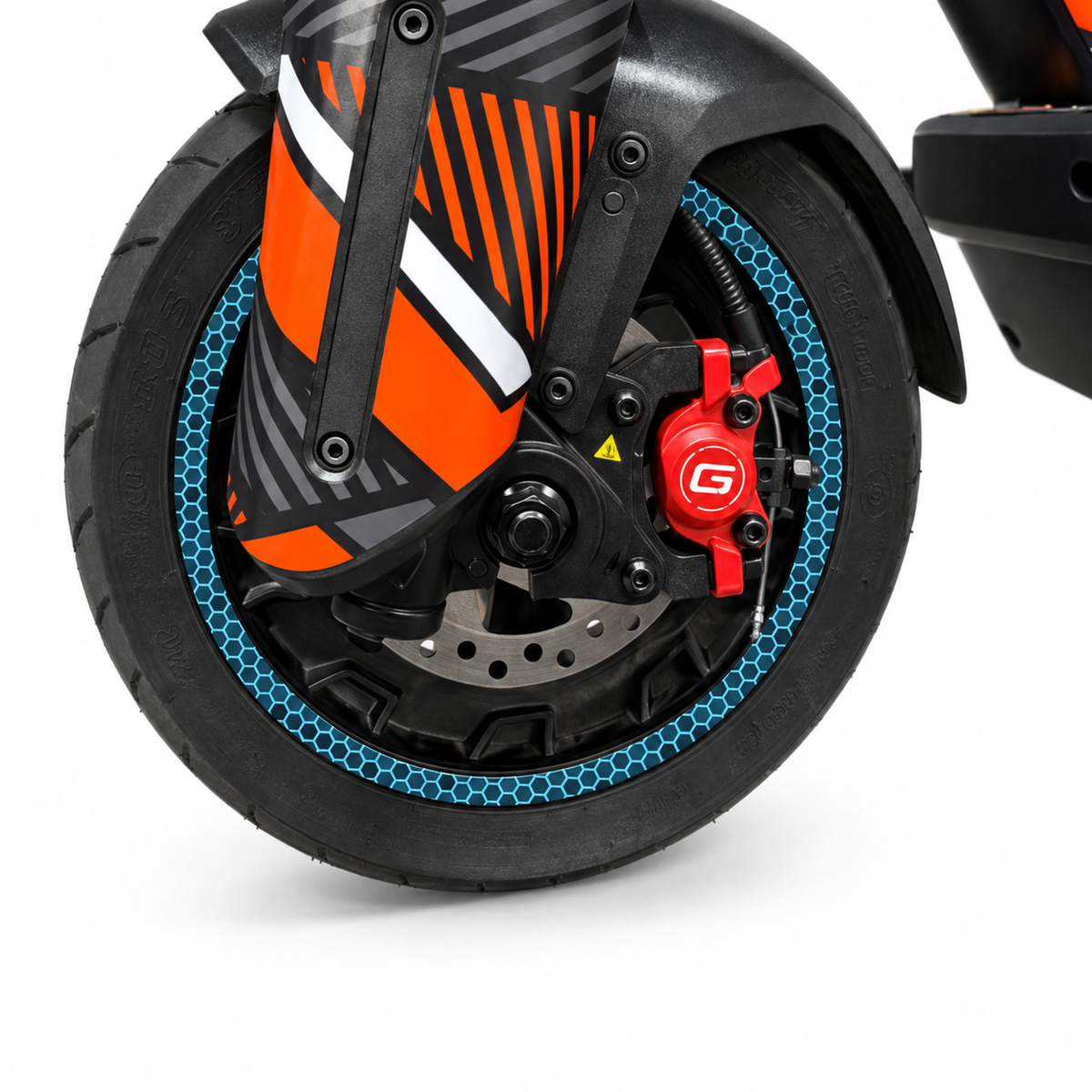 Ice Blue Hex Felgenaufkleber – digitale Designvorschau auf Beispielfelge; gedruckte Farben, Scooter nicht enthalten
