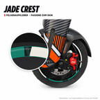 JADE CREST Felgenaufkleber passend zum Skin: Ring aus dem Skin-Motiv auf Beispielrad, Lupe mit Musteransicht. Nur Felgenaufkleber, Form je nach Modell.