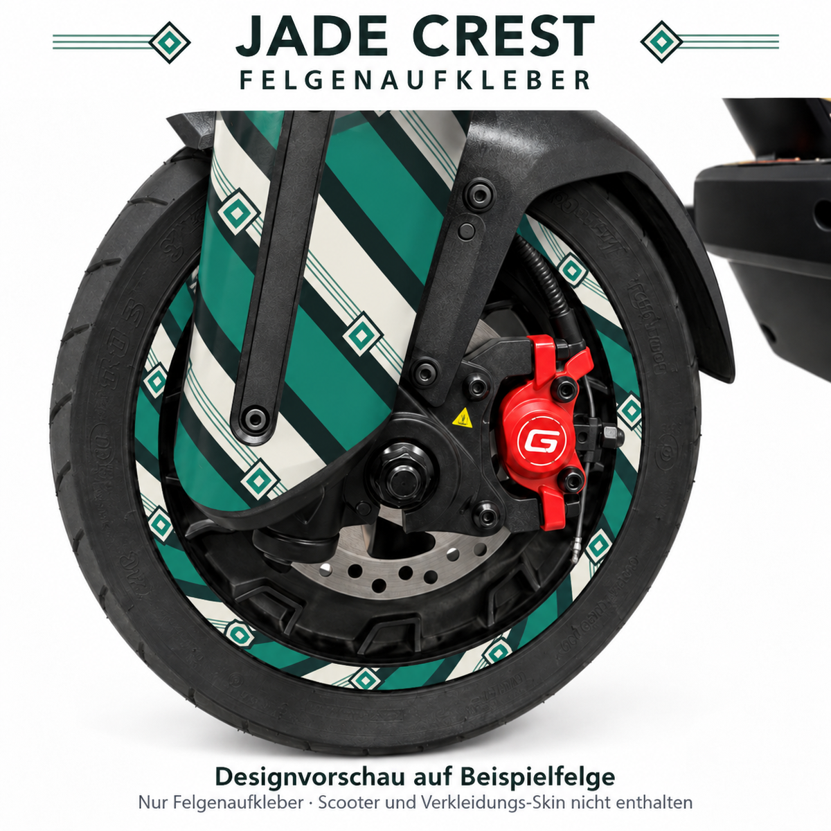 Jade Crest Felgenaufkleber in Jadegrün, Elfenbein und Schwarz – Designvorschau auf Beispielfelge. Nur Felgenaufkleber; Scooter und Verkleidungs-Skin nicht enthalten.
