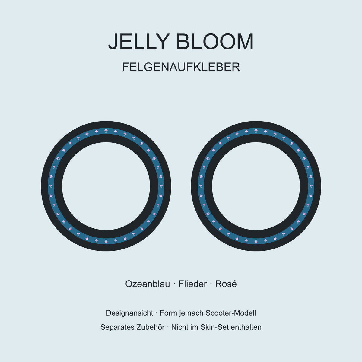 Jelly Bloom Felgenaufkleber in Ozeanblau, Flieder und Rosé. Separates Zubehör, nicht im Skin-Set enthalten.