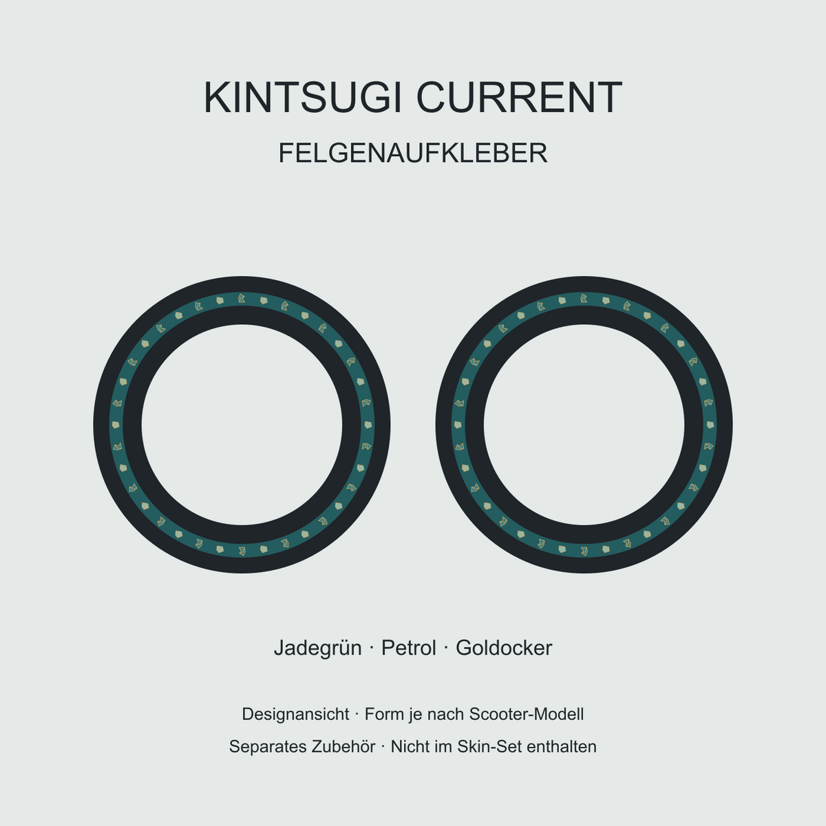 Kintsugi Current Felgenaufkleber: Petrolringe mit kleinen Jade-Facetten und goldockerfarbenen Linien. Separates Zubehör, nicht im Skin-Set enthalten.