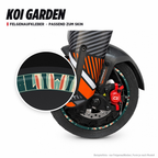 KOI GARDEN Felgenaufkleber passend zum Skin: Ring aus dem Skin-Motiv auf Beispielrad, Lupe mit Musteransicht. Nur Felgenaufkleber, Form je nach Modell.