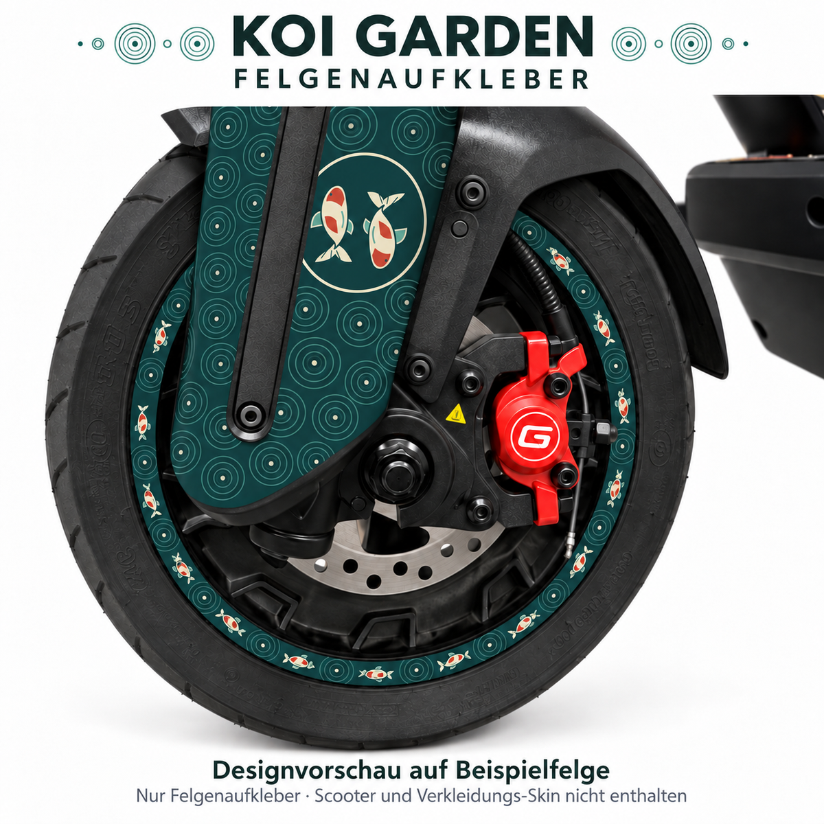 Koi Garden Felgenaufkleber in Petrol, Jade, Elfenbein und Rot mit kleinen Koi. Designvorschau auf Beispielfelge. Nur Felgenaufkleber; Scooter und Verkleidungs-Skin nicht enthalten.