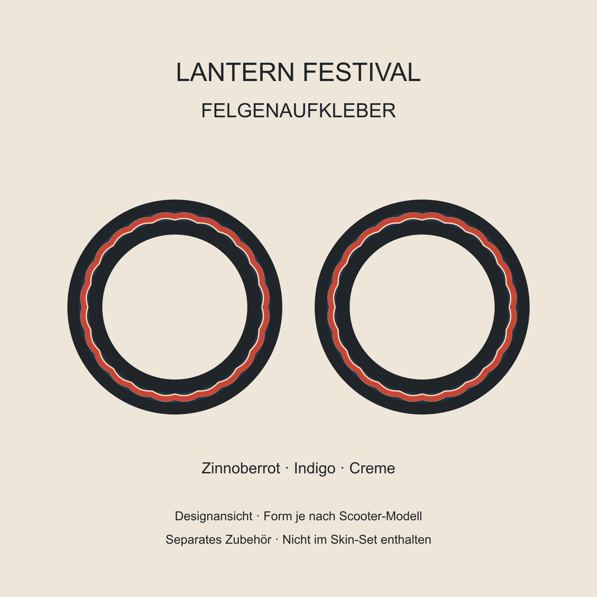 Lantern Festival Felgenaufkleber mit zinnoberroten Wolkenbändern auf Indigo und feinen Cremelinien. Separates Zubehör; Form je Modell.