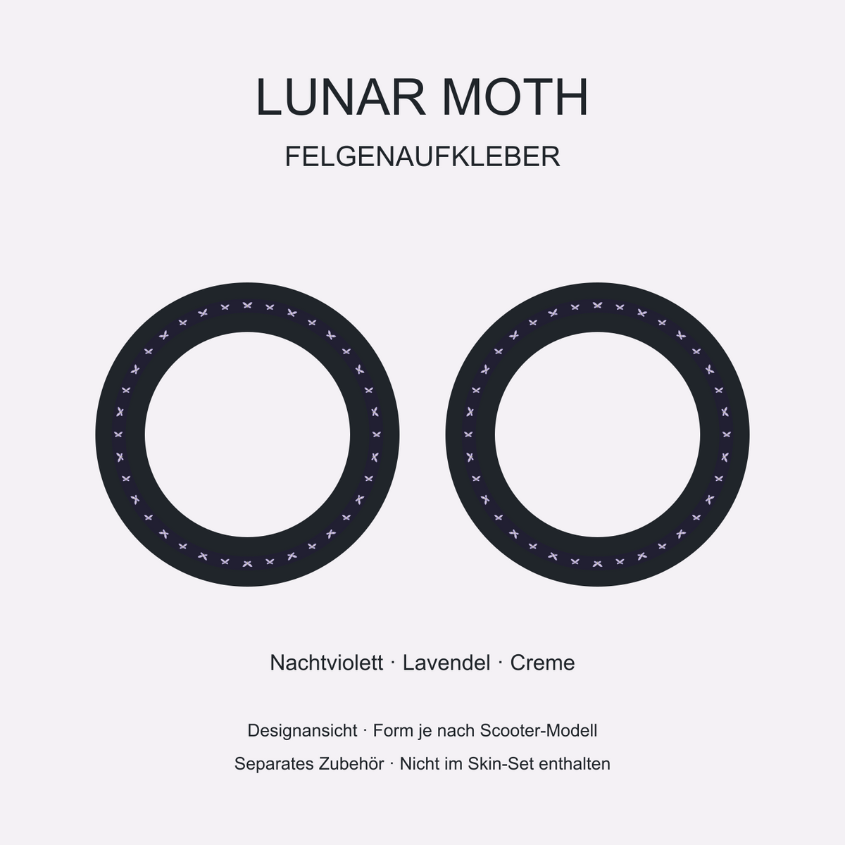 Lunar Moth Felgenaufkleber – kleine Lavendel-Nachtfalter auf Nachtviolett. Separates Zubehör, Form je Modell.