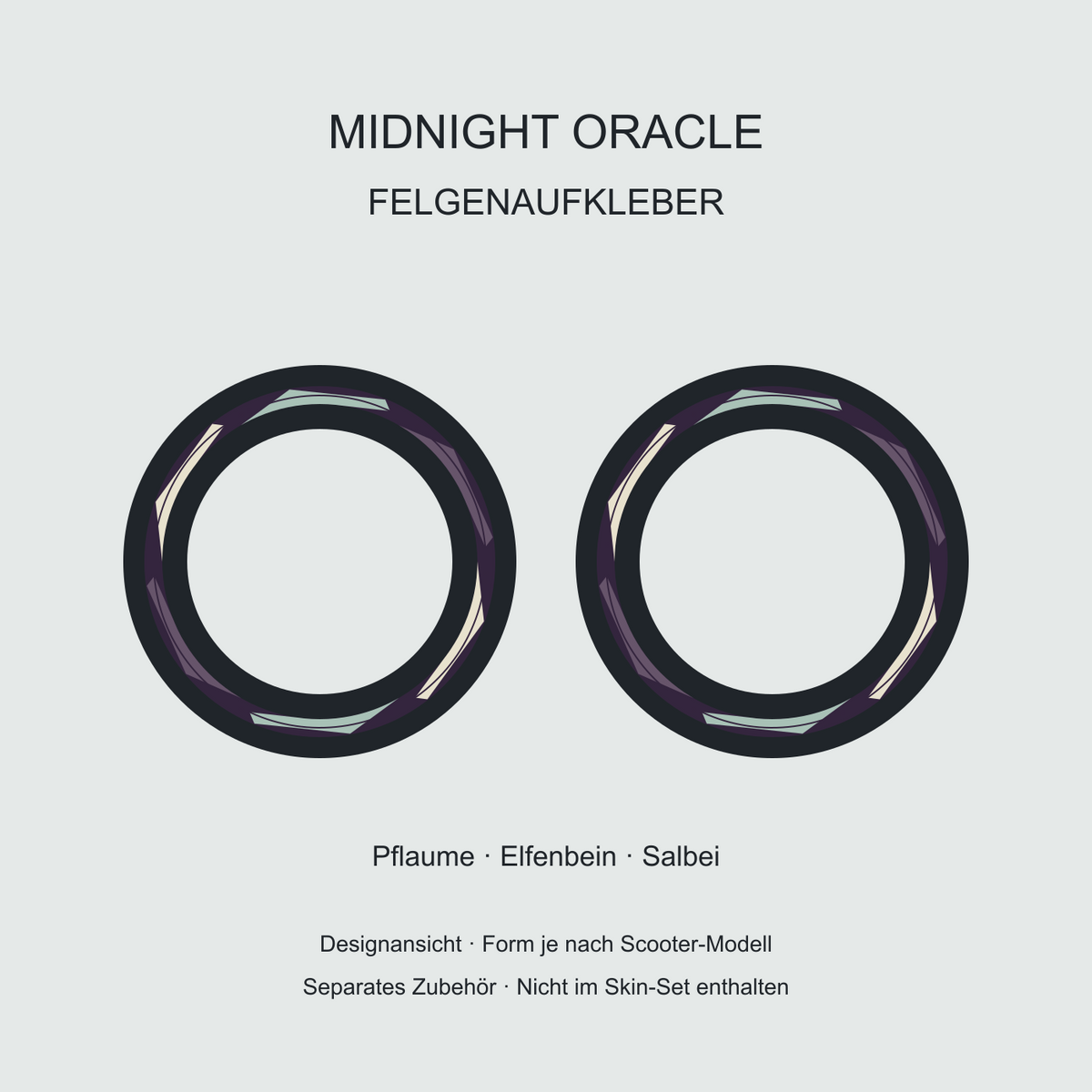 MIDNIGHT ORACLE Felgenaufkleber in Pflaume, Elfenbein und Salbei; separates Zubehör, Form je nach Modell.