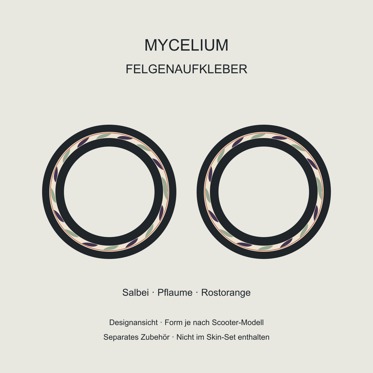 Mycelium Felgenaufkleber: Salbei und Pflaume als Blattmuster auf Creme mit rostorangefarbener Linie. Separates Zubehör.