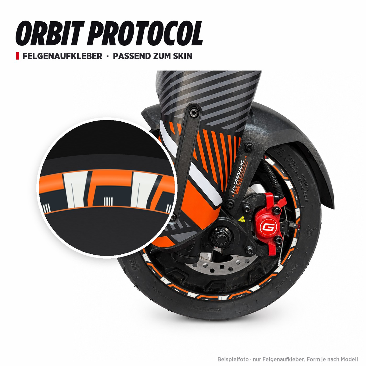 ORBIT PROTOCOL Felgenaufkleber passend zum Skin: Ring aus dem Skin-Motiv auf Beispielrad, Lupe mit Musteransicht. Nur Felgenaufkleber, Form je nach Modell.