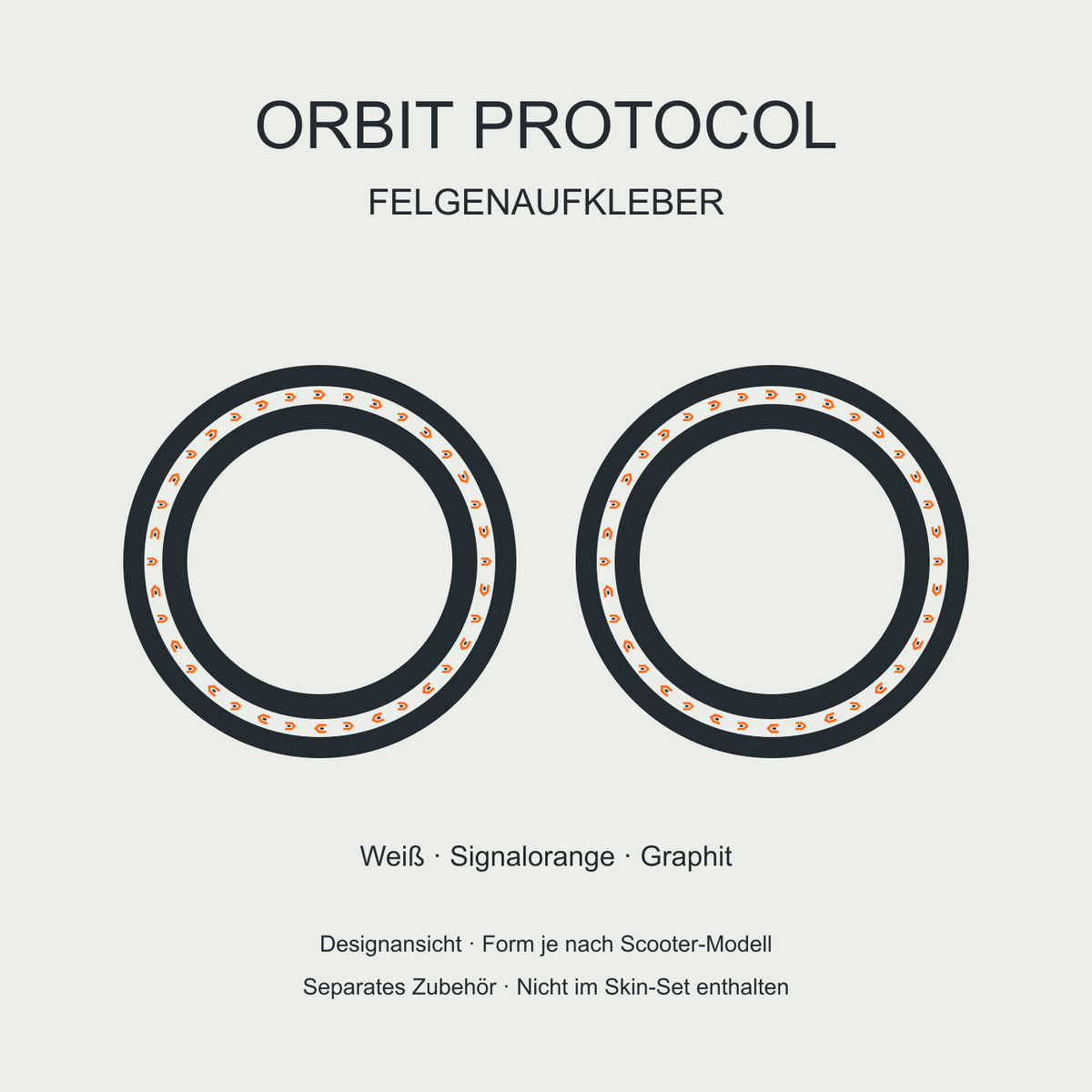 Orbit Protocol Felgenaufkleber mit orangefarbenen und graphitfarbenen Winkeln auf Weiß – separates Zubehör, Form je Scooter-Modell.