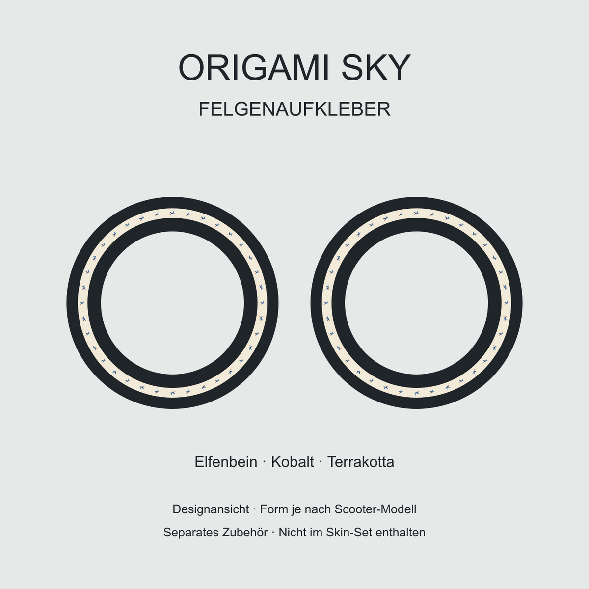 Origami Sky Felgenaufkleber in Elfenbein, Kobalt und Terrakotta. Separates Zubehör, nicht im Skin-Set enthalten.