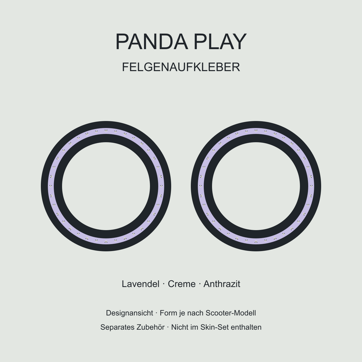 Panda Play Felgenaufkleber – lavendelfarbene Ringe mit kleinen Pandagesichtern in Creme und Anthrazit. Separates Zubehör, nicht im Skin-Set enthalten.