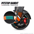 PITSTOP BANDIT Felgenaufkleber passend zum Skin: Ring aus dem Skin-Motiv auf Beispielrad, Lupe mit Musteransicht. Nur Felgenaufkleber, Form je nach Modell.