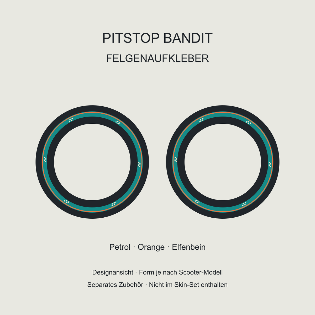 PITSTOP BANDIT Felgenaufkleber – Petrol mit Orange und elfenbeinfarbenem Rennkaromuster; separates Zubehör