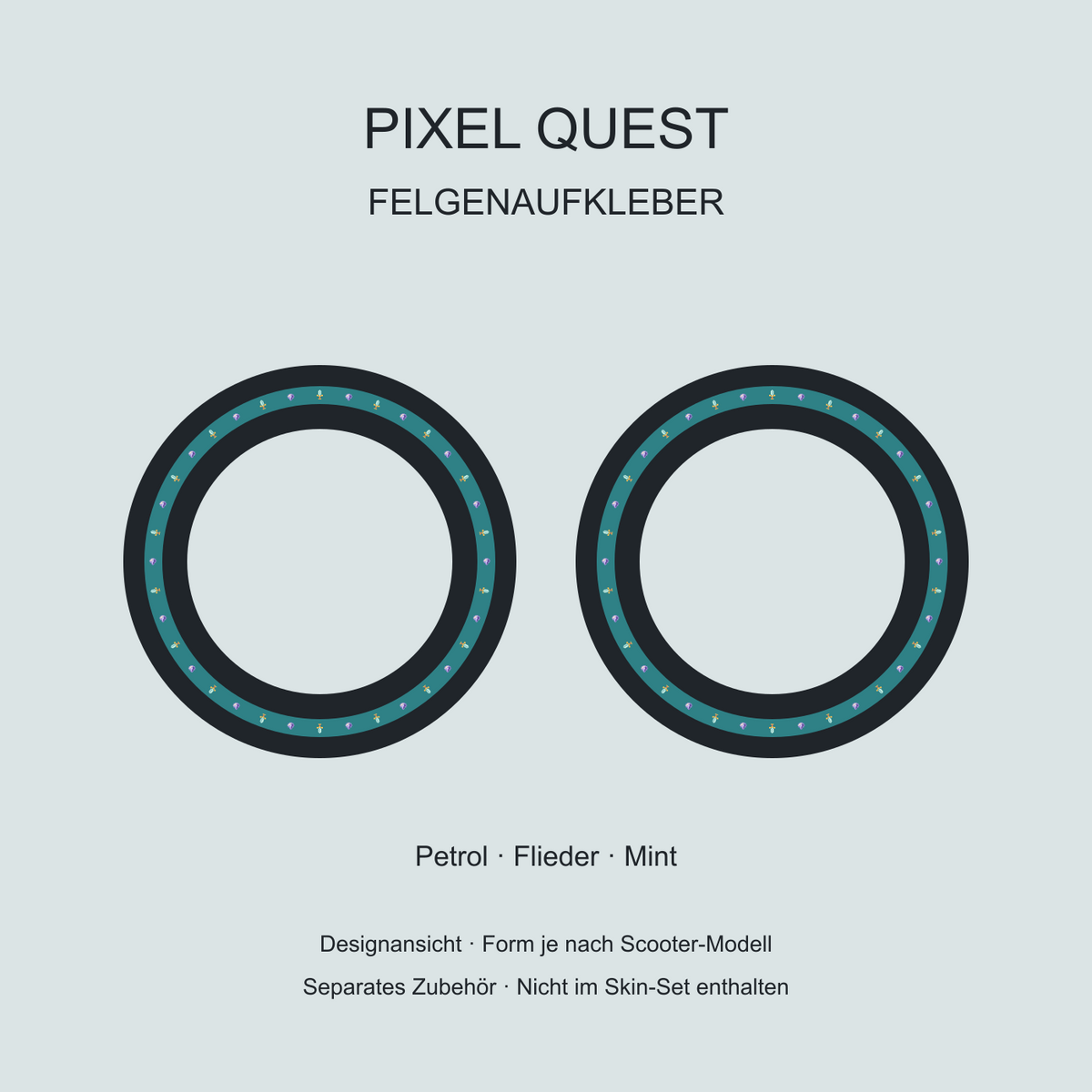 Pixel Quest Felgenaufkleber – Petrol, Flieder und Mint; separates Zubehör