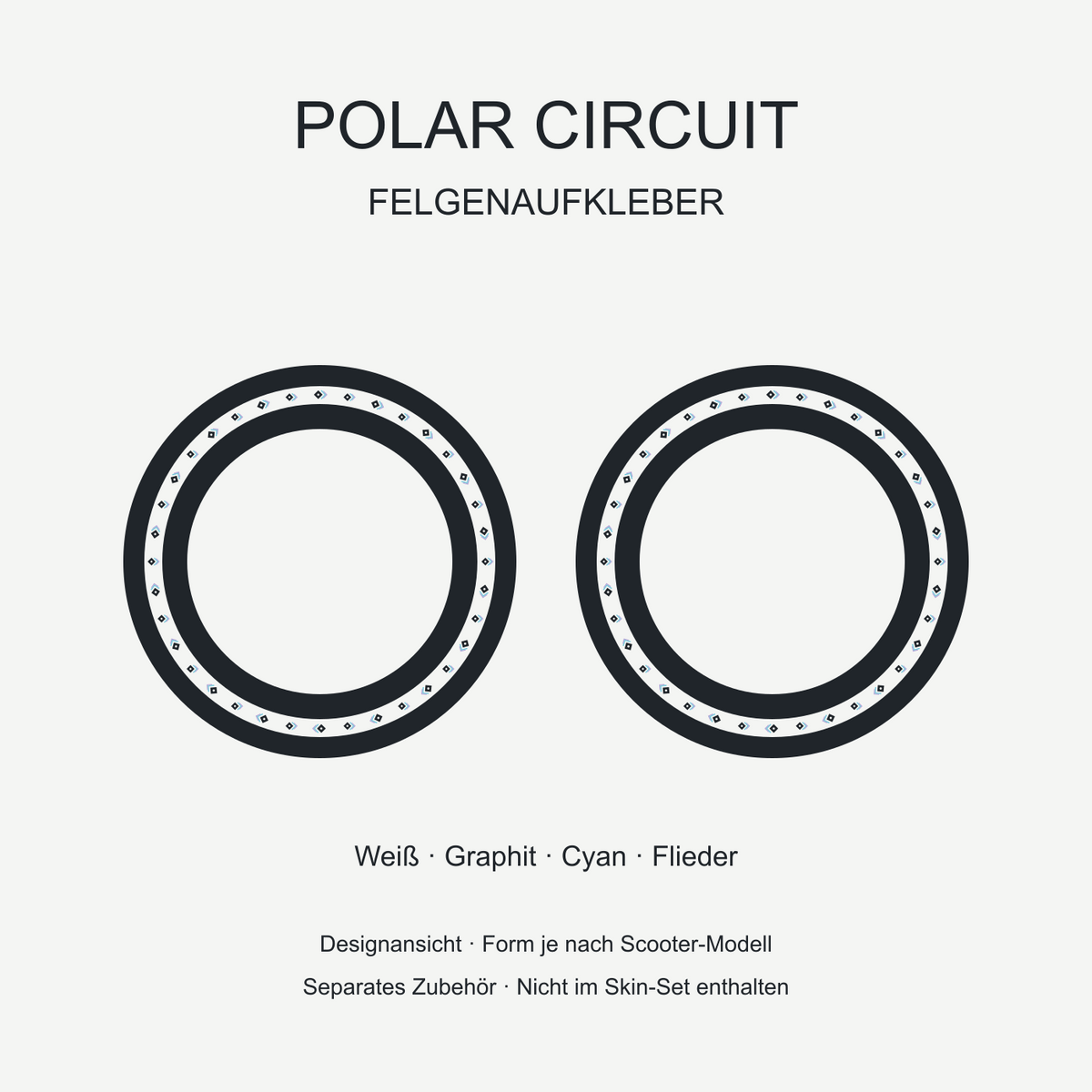 Polar Circuit Felgenaufkleber – kleine Graphit-Diamanten mit Cyan und Flieder auf Weiß. Separates Zubehör, Form je Modell.