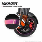 PRISM SHIFT Felgenaufkleber passend zum Skin: Ring aus dem Skin-Motiv auf Beispielrad, Lupe mit Musteransicht. Nur Felgenaufkleber, Form je nach Modell.