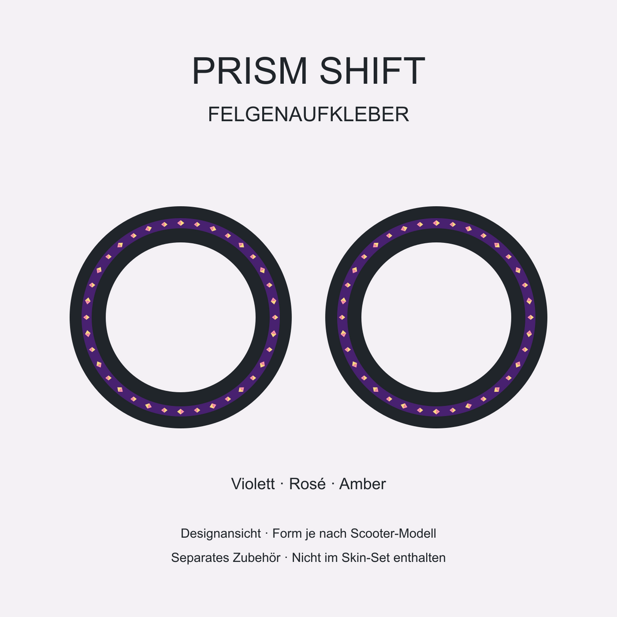 Prism Shift Felgenaufkleber – violette Bögen mit kleinen Rosé- und Amber-Diamanten. Separates Zubehör, Form je Modell.