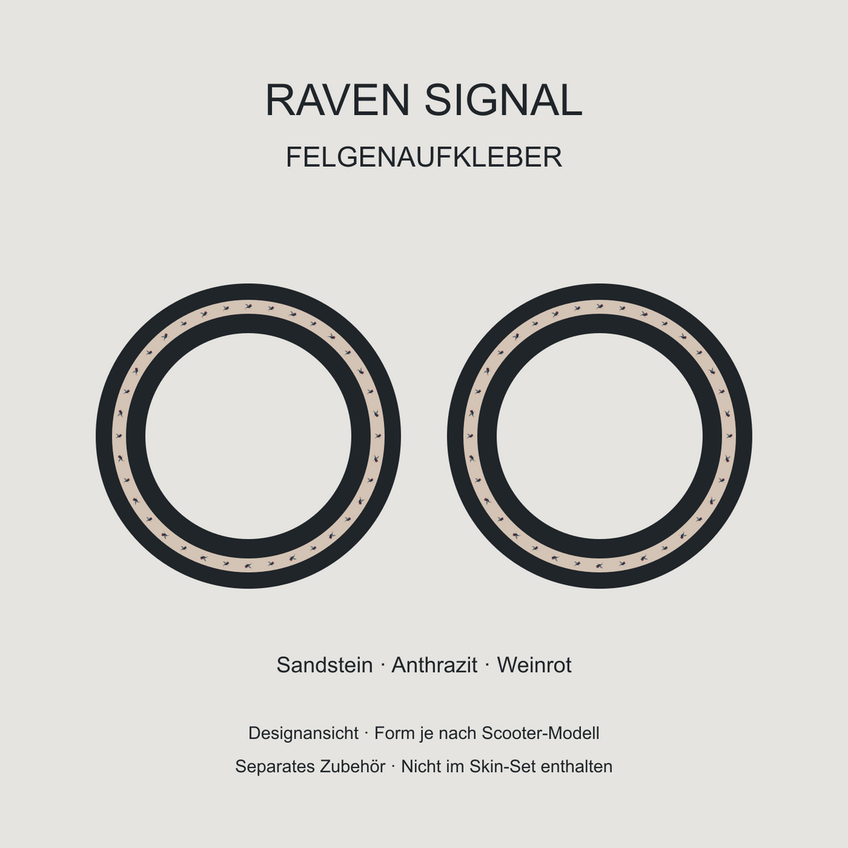 Raven Signal Felgenaufkleber: kleine Raben in Anthrazit mit Weinrot auf Sandstein. Separates Zubehör, nicht im Skin-Set enthalten.