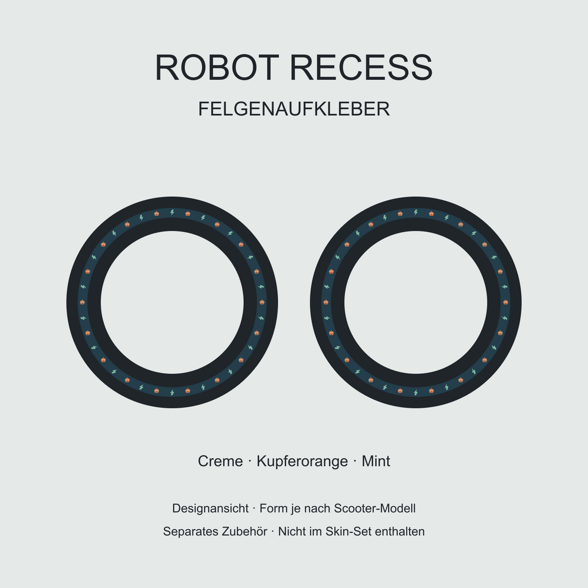 Robot Recess Felgenaufkleber – kleine Roboterköpfe und Blitze, separat erhältlich.