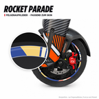 ROCKET PARADE Felgenaufkleber passend zum Skin: Ring aus dem Skin-Motiv auf Beispielrad, Lupe mit Musteransicht. Nur Felgenaufkleber, Form je nach Modell.