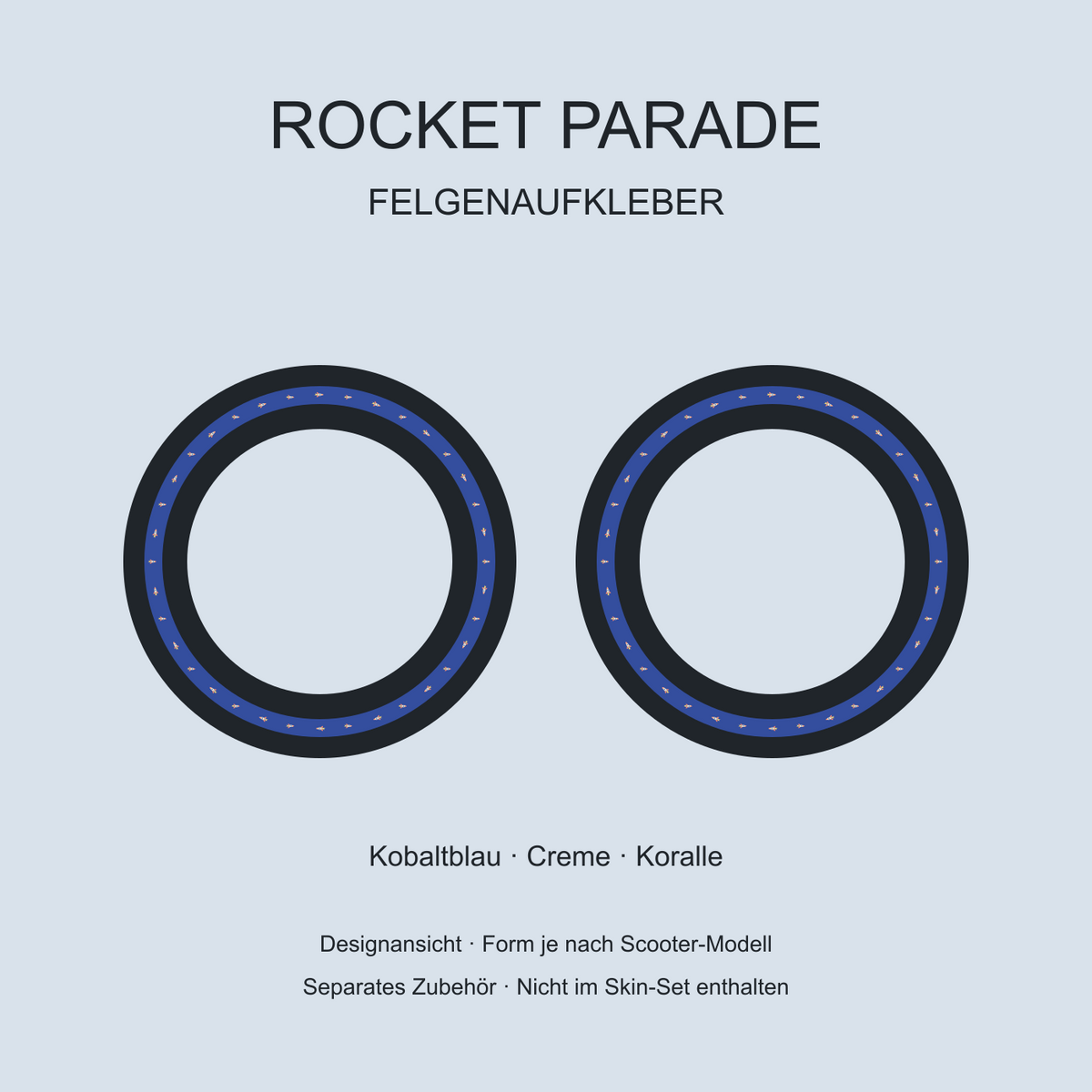 Rocket Parade Felgenaufkleber in Kobaltblau, Creme und Koralle mit kleinen Raketen. Separates Zubehör, nicht im Skin-Set enthalten.