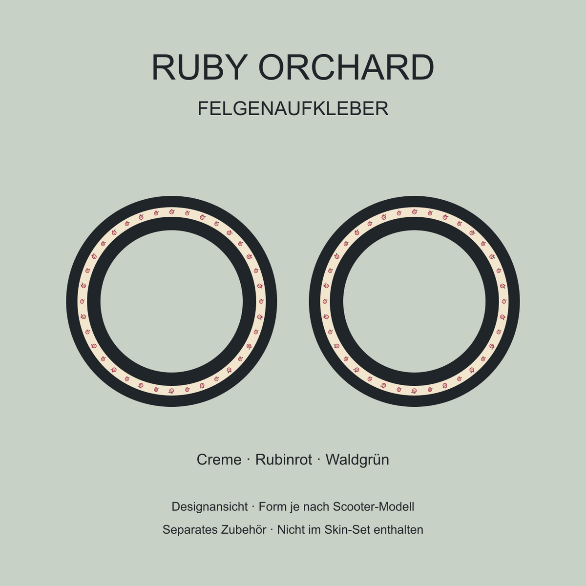 Ruby Orchard Felgenaufkleber – kleine rubinrote Granatapfelmotive auf cremefarbenem Ring. Separates Zubehör.