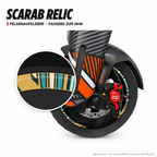 SCARAB RELIC Felgenaufkleber passend zum Skin: Ring aus dem Skin-Motiv auf Beispielrad, Lupe mit Musteransicht. Nur Felgenaufkleber, Form je nach Modell.