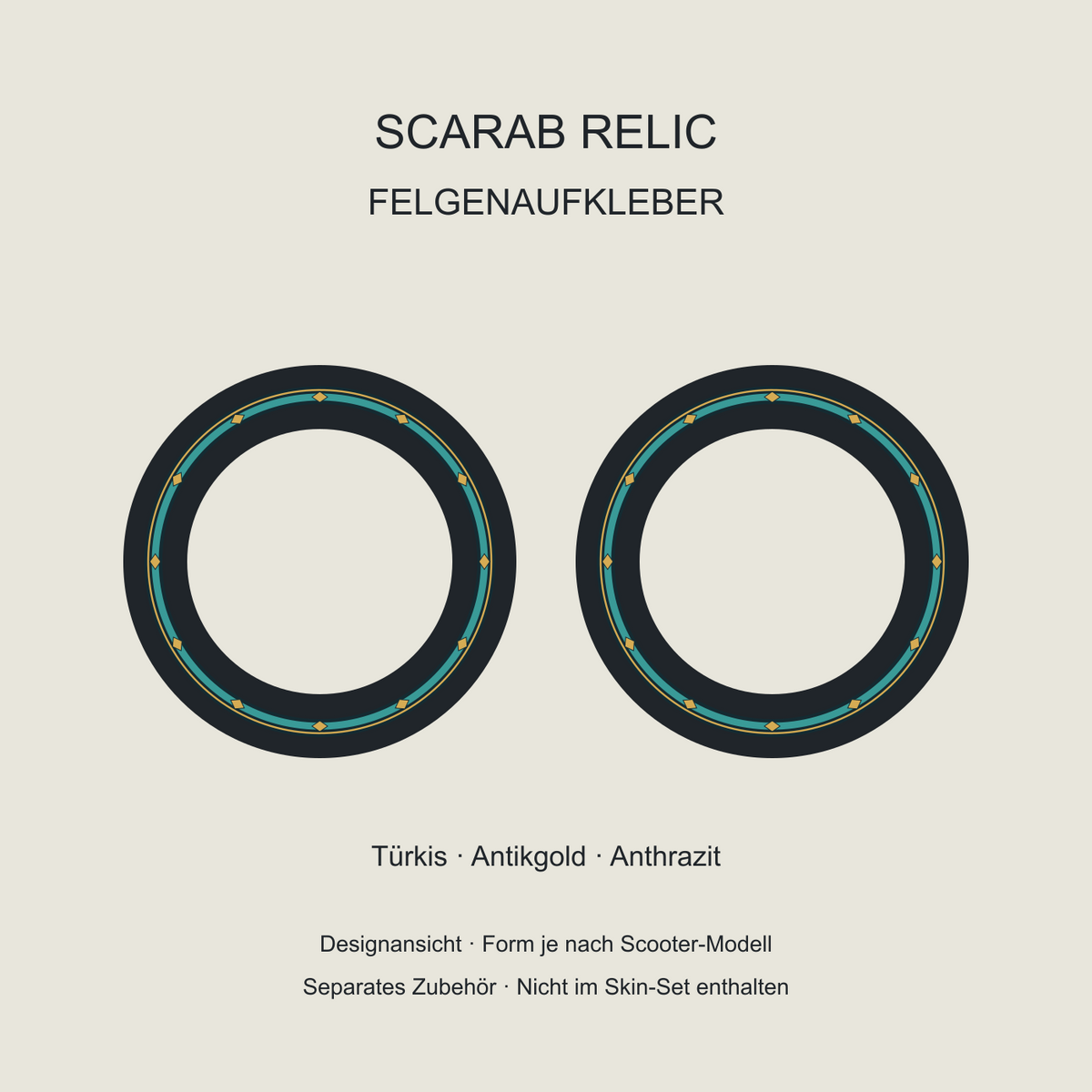 Scarab Relic Felgenaufkleber – Türkis und antikgoldene Rauten auf Anthrazit, separates Zubehör