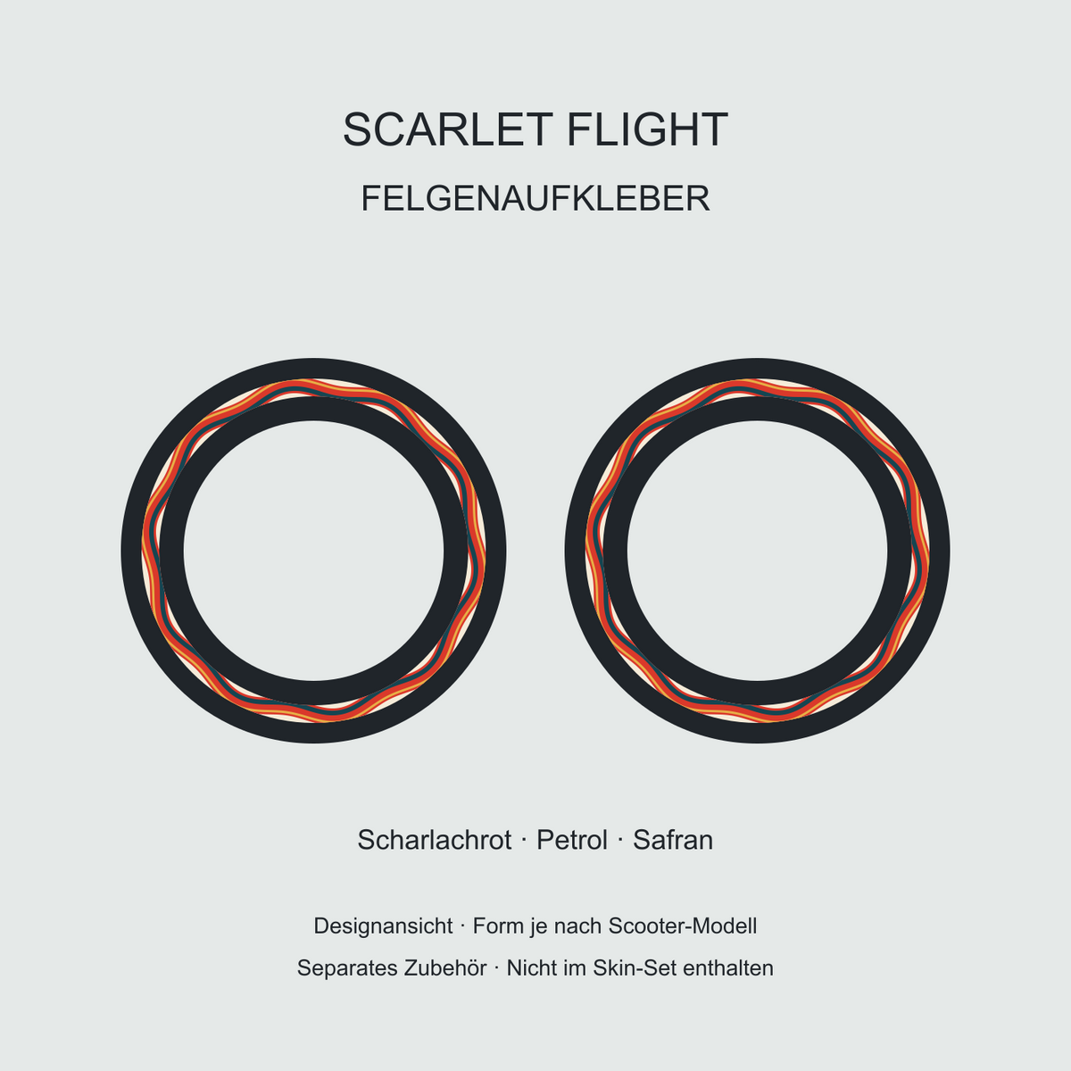 SCARLET FLIGHT Felgenaufkleber in Scharlachrot, Petrol und Safran auf Elfenbein; separates Zubehör, Form je nach Modell.