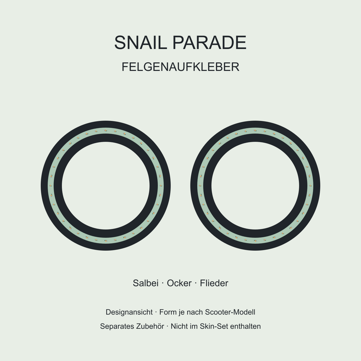 Snail Parade Felgenaufkleber – Salbei, Ocker und Flieder; separates Zubehör